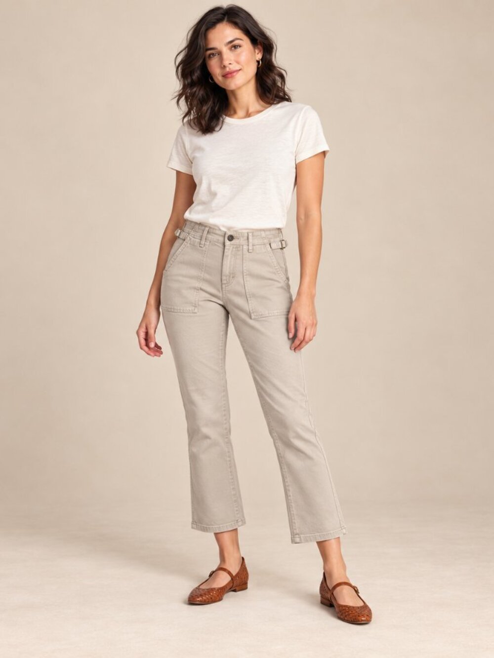 Anthropologie Khaki Cropped Utility Pants Size 28 Side Buckle Stretch Cotton
